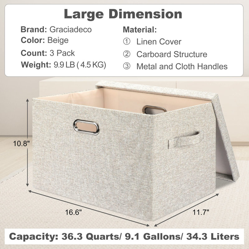 Large 17" 36 Quart Collapsible Stackable Storage Bins With Lids, Beige
