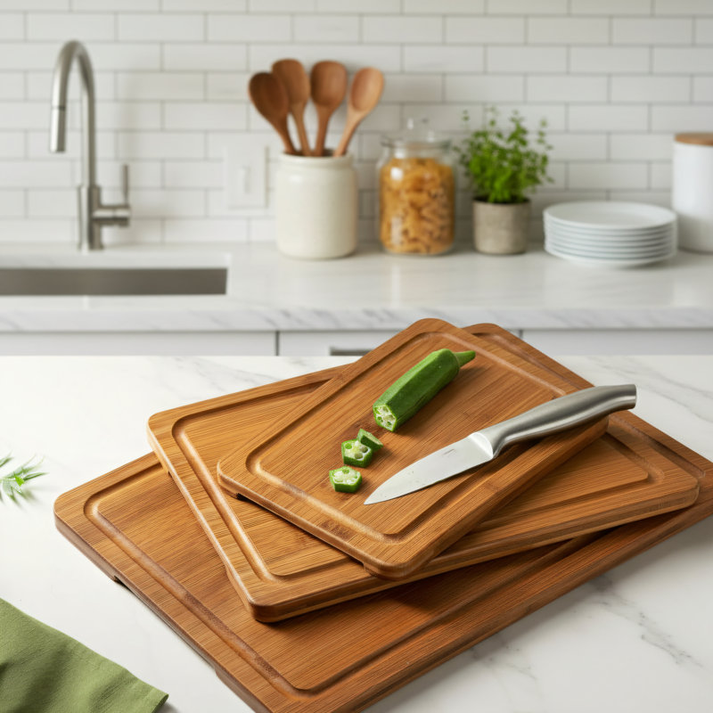 Ensemble de planches à découper en bambou profondément carbonisé avec support de rangement en bois, double face, avec canaux de drainage et poignée, ne coutera pas les couteaux, convient comme cadeau de cuisine.
