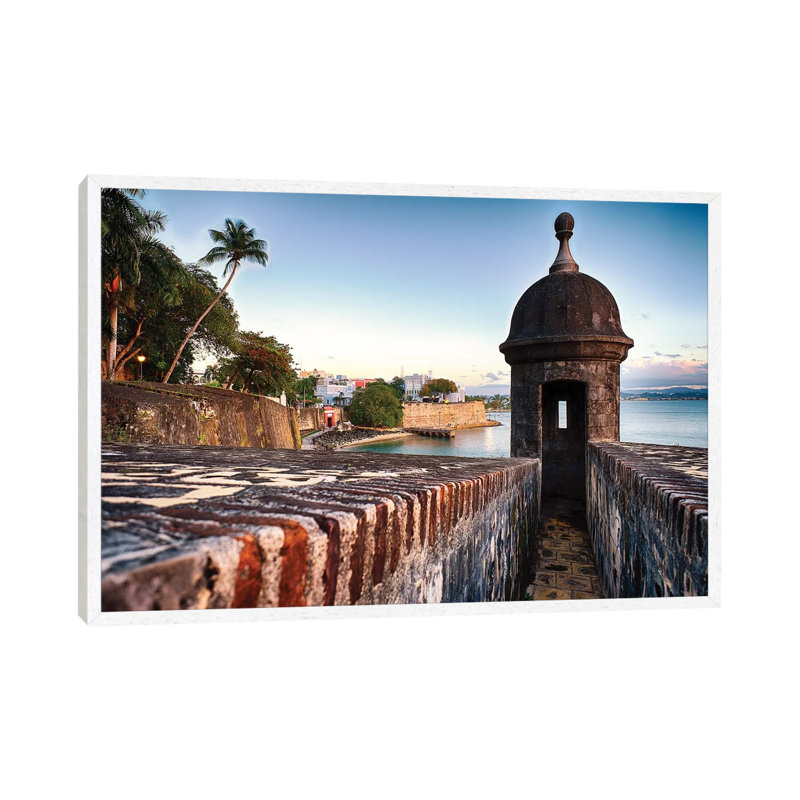The City Walls And Gate Of Old San Juan With A Sentry Post, Puerto Rico by George Oze - Print on Canvas, White Framed Canvas