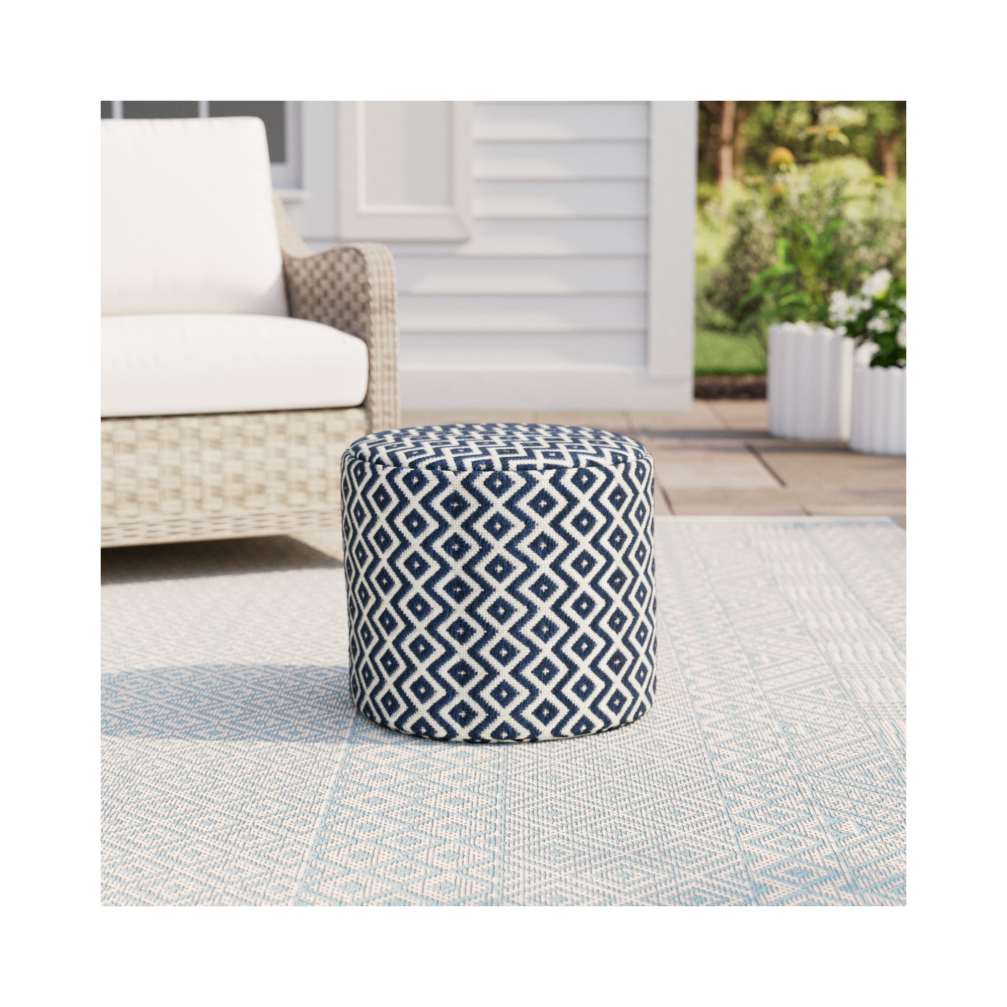 Destina Round Upholstered Outdoor Ottoman, Navy/Ivory Polyester