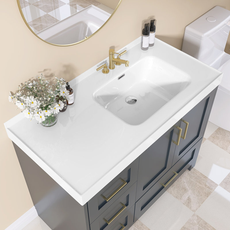 43'' W X 22'' D Single Sink White Vanity Top Solid Surface Rectangular Bathroom Sink Countertop with 1.38in. H Backsplash Basin&Pre-drilled Three Faucet Holes
