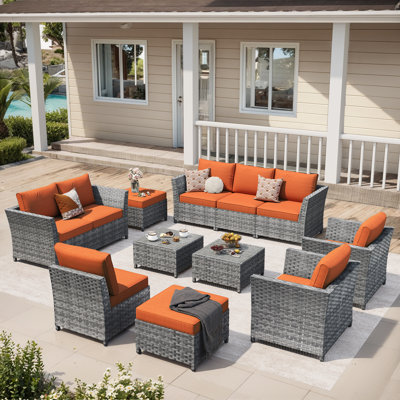Briela 8 - Person Outdoor Seating Group with Cushions with Fire Pit table No Assembly Required