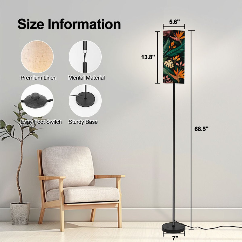 PeeNoke 68.5" Standing Floor Lamp Vibrant Tropical Jungle Birds Paradise Dimmable Metal Pole Lamp with Linen Lampshade LED Bulb Included