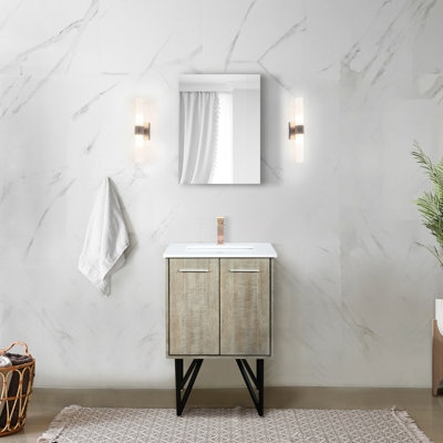 Meuble-lavabo rustique 61 cm L x 51 cm P, comptoir en marbre reconstitué, robinet en or rose - Miroir résistant aux rayures (46 cm) inclus. Meuble-lavabo avec comptoir et protection anti-taches.