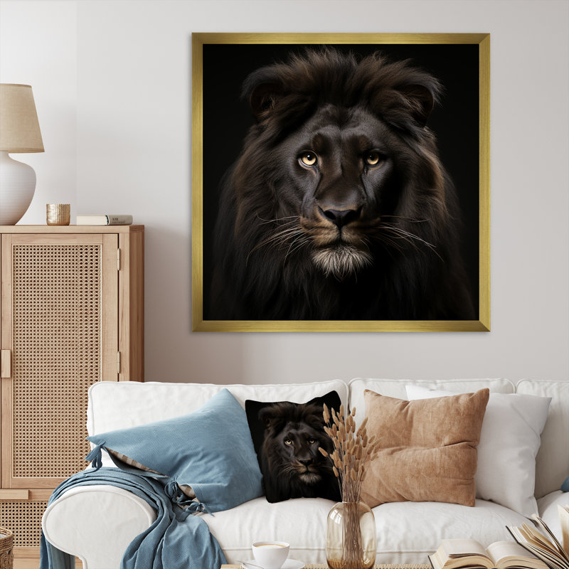 Décoration murale lion de minuit, Encadrement doré, H 36 po x l 36 po x P 1,5 po