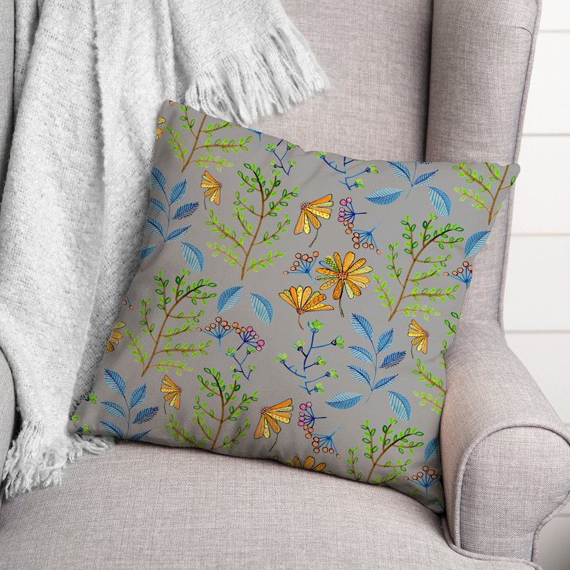 Coussin décoratif floral intérieur / extérieur en polyester, 18"H x 18"W, Gris