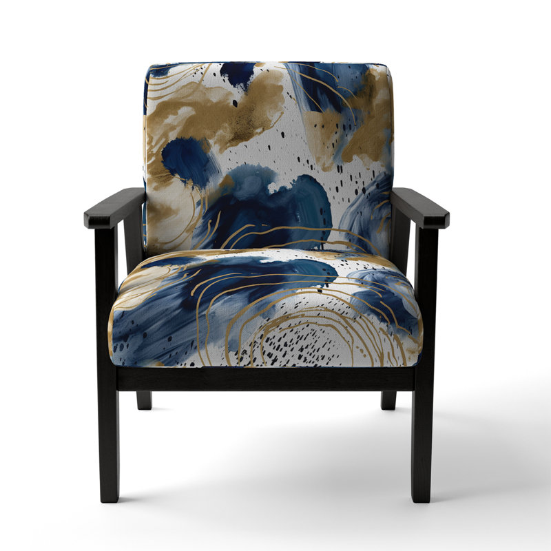Abstract Pattern With Textures II - Upholstered Modern Velvet Arm Chair, Blue/White/Gold/Yellow, Black