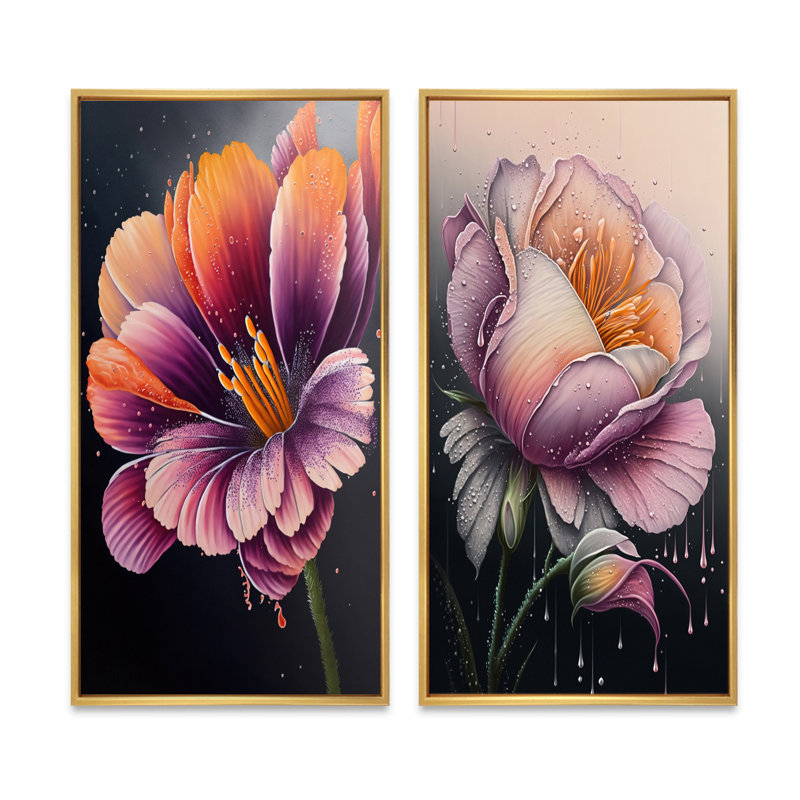 «Blooming Gerbera Daisy Flowers», 2 pièces sur toile, Encadrement doré, H 32 po x l 32 po