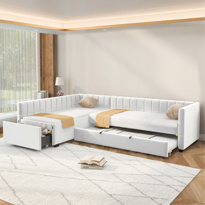 L-shape Upholstered Double Twin Size Daybed with Trundle and Drawer, Beige(ETA:6.14)
