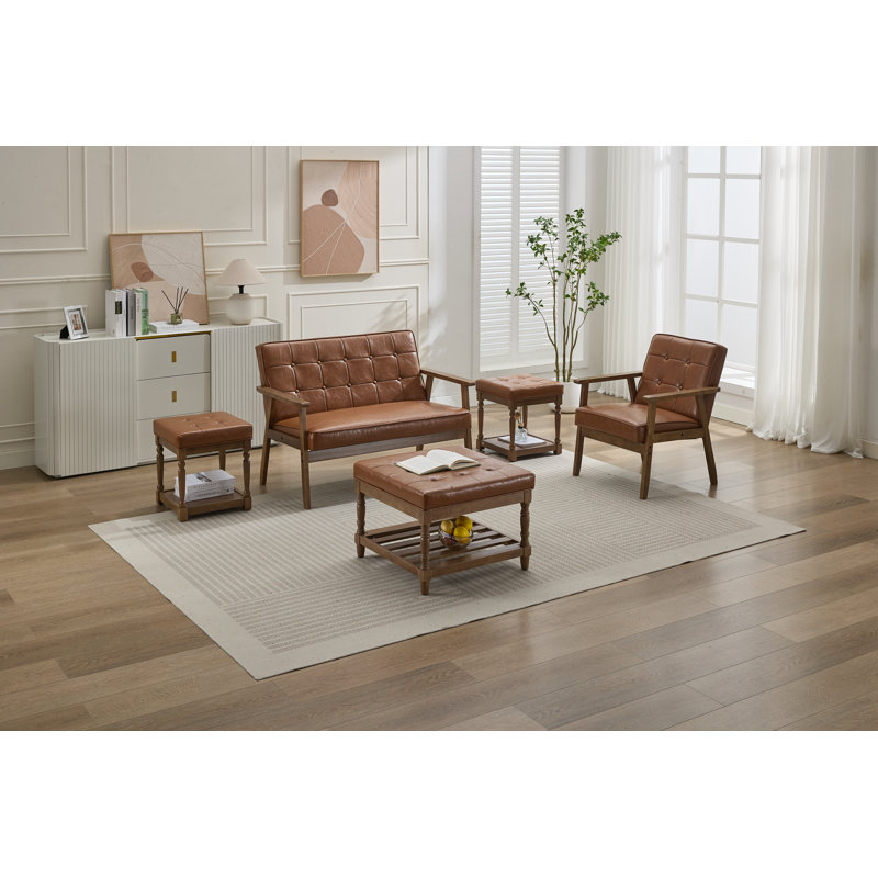 Gladis 3-Piece Faux Leather Coffee Table and End Table Set with Storage, Brown Top/Dark Brown Base