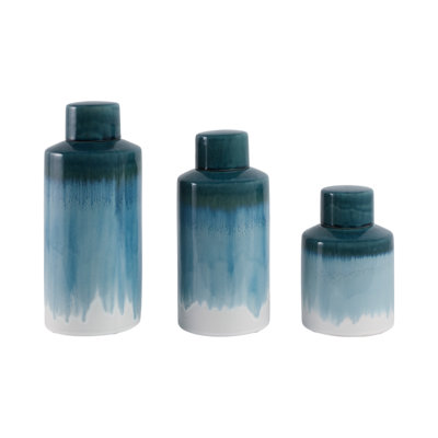 Pots de rangement en grès cérame avec couvercles - 14 "13" et 9 ", ensemble décoratif bord de mer pour la maison, la chambre à coucher et le bureau - ensemble de 3