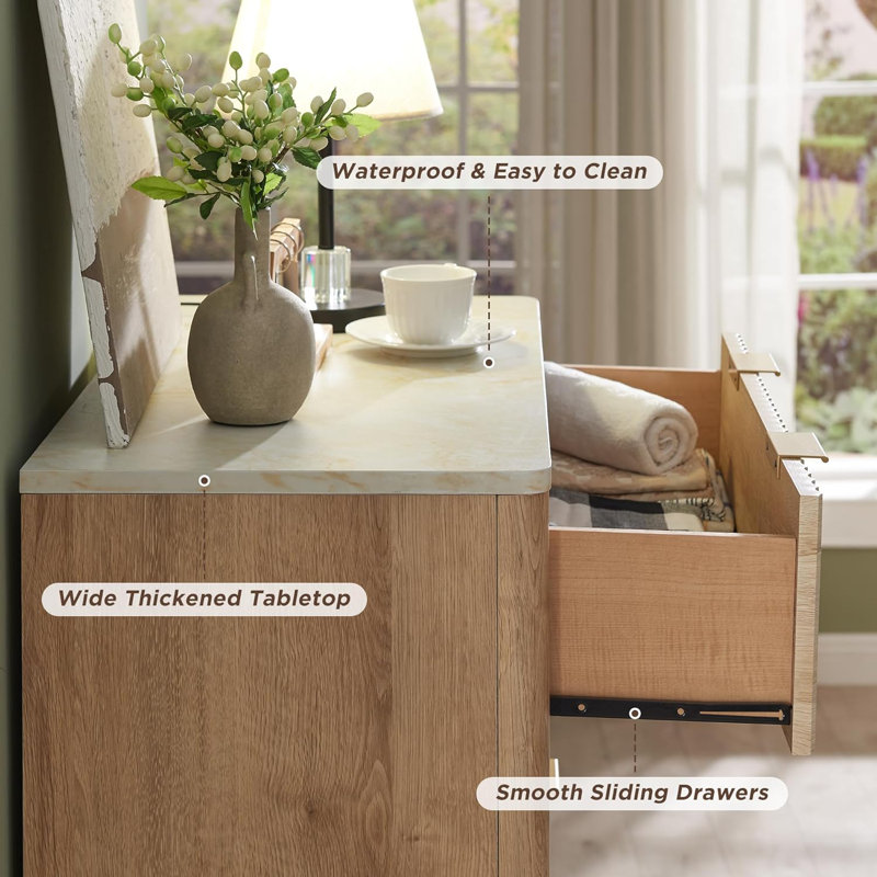 Siyuan Fluted Design 5-Drawers Dresser Organizer, Wood Tall Chest of Drawers, Tan