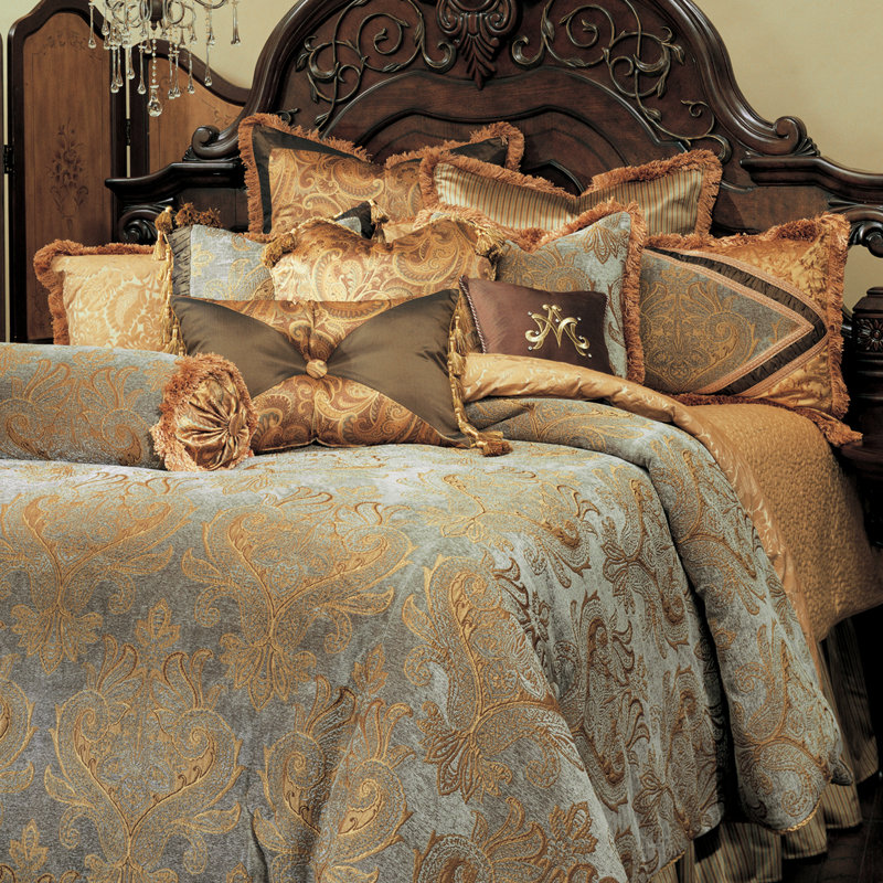 Elizabeth Slate Blue & Golden Brown King Comforter Set - Reversible 13-Piece