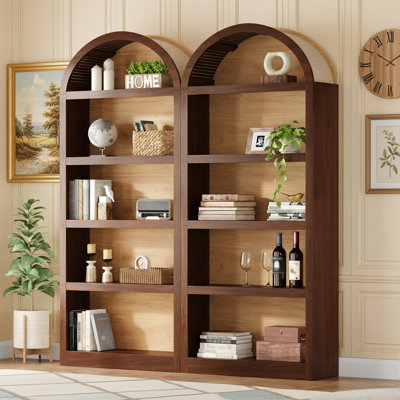 Set Of 2 Farmhouse Open Bookcases With Fabric Arched Top, Two-tone Freestanding 5-tier Display Shelving Cabinets For Living Room, Bedroom Or Home Office