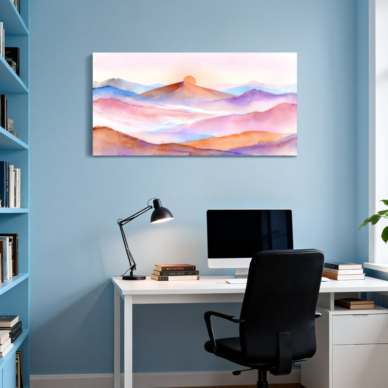 Paysage et nature, aquarelle, paysage de montagne, coucher de soleil, H 16 po x l 32 po