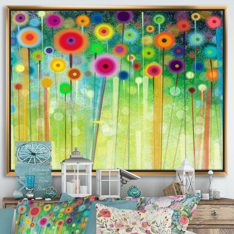 Aquarelle abstraite florale en vert et rouge - Reproduction d'art graphique sur toile, H 12 po x l 20 po x P 1 po
