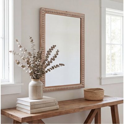 Miroir mural 22 po x 30 po avec cadre en bois naturel antique, miroir rectangulaire perlé pour salle de bain et meuble-lavabo, montage horizontal ou vertical