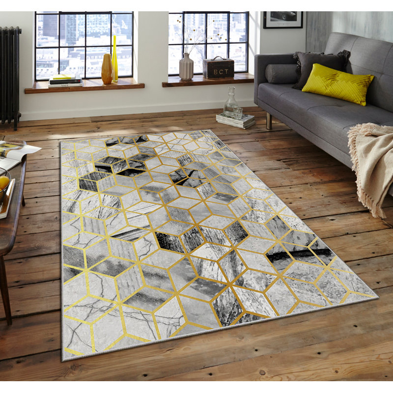 Tapis géométrique rectangulaire tissé à la machine en polyester gris / or, Rectangle 4 pi 7 po x 7 pi 3 po