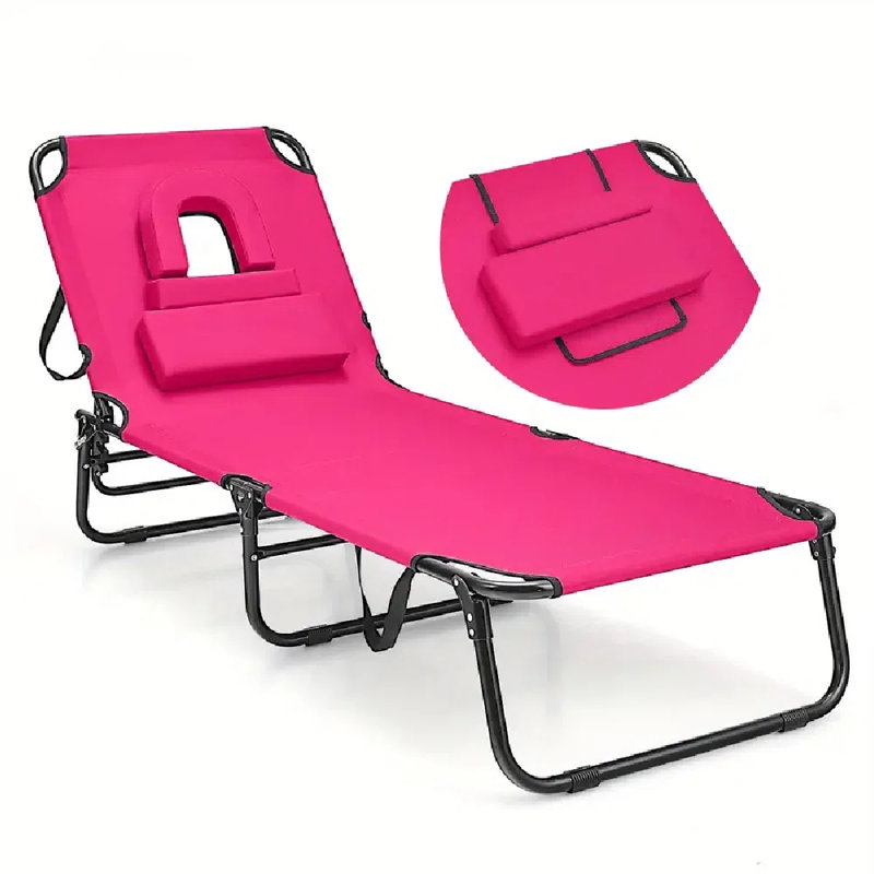 Beach Chaise Lounge Chair | 5-Position Adjustable Backrest W/ Face Hole Pillows, Pink