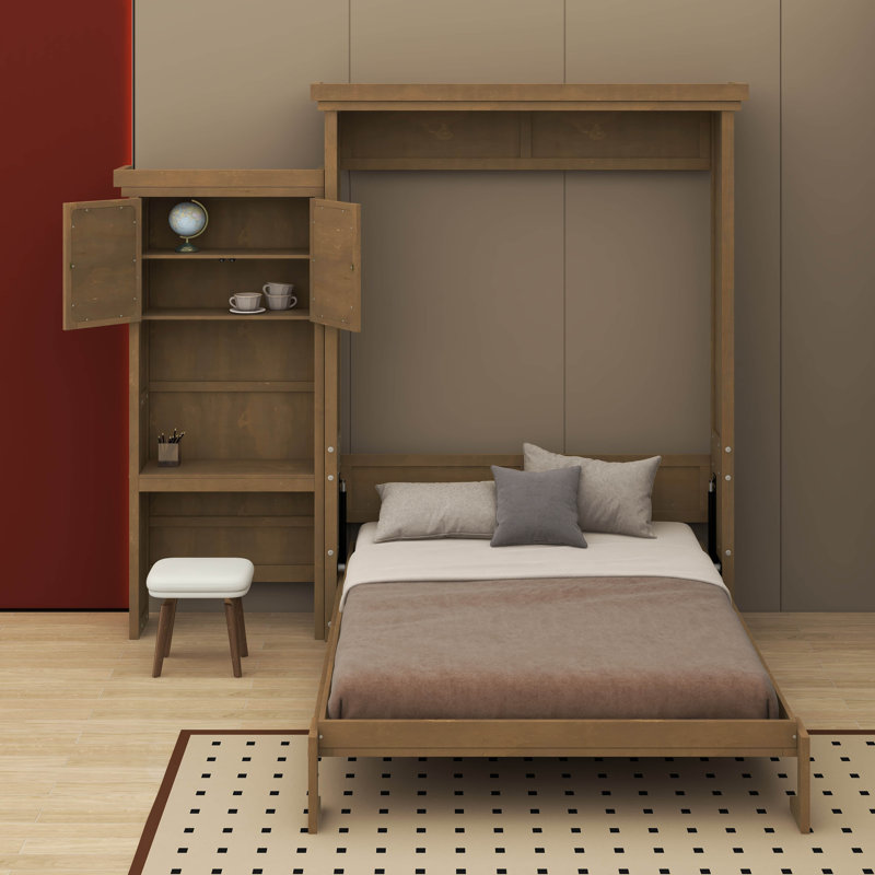 Queen Size Murphy Bed With Multiple Storage Shelves, Wood Color