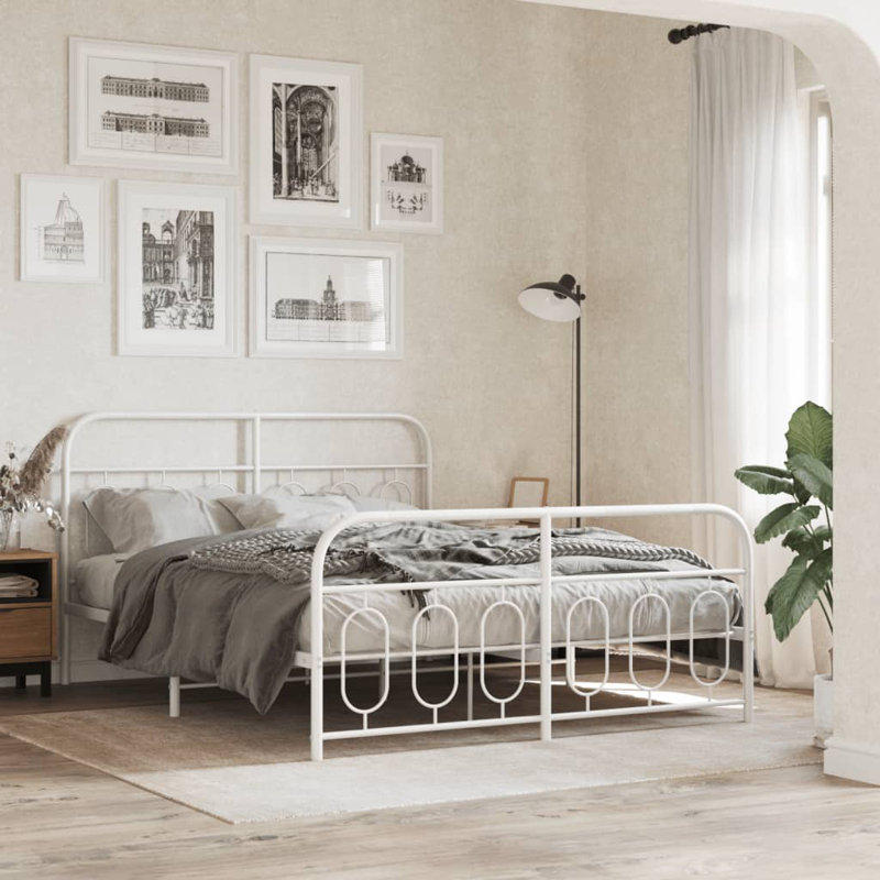 Base de lit en métal avec tête de lit et pied de lit Winston Porter, Blanc, 37,4 po x 77,2 po