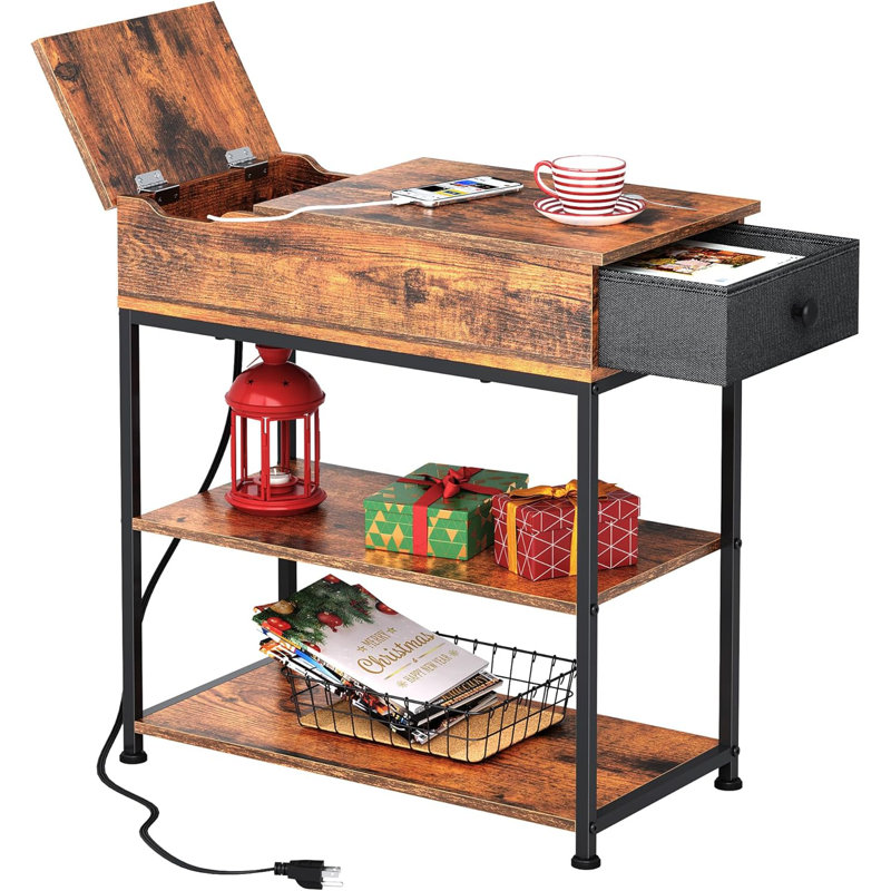Narrow Side Table With Charging Station, End Table, Couch Table With Fabric Drawer For  For Living Room, Bedroon