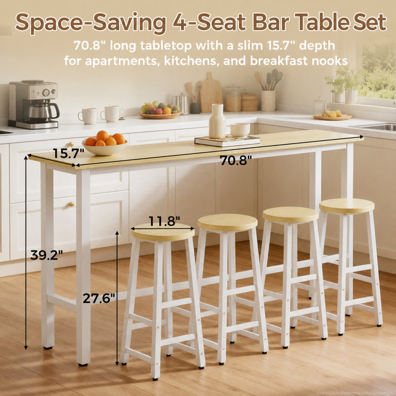 Ensemble de table de bar 70,8 po à hauteur de comptoir étroite avec 4 tabourets, ensemble de salle à manger peu encombrant pour la cuisine en appartement, coin repas et sièges derrière le canapé, blanc / naturel