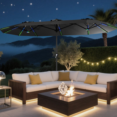 15Ft Double-Sided Patio Umbrella With Solar Lights Remote Control, Featuring 12-color LED Lights And Knob Handles
