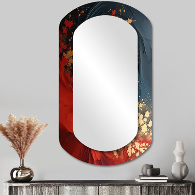 Red and gold marble volcano III - Abstract Painting Asymmetrical Mirror, Red Cylinder Unique Wall Mirror, Printed Metal Art
