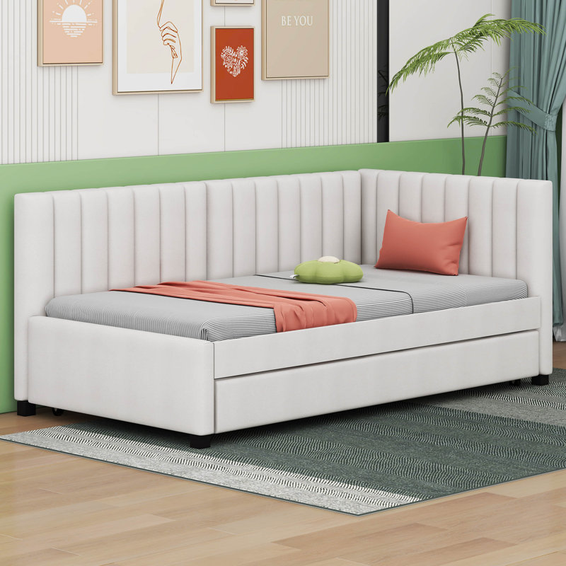 Upholstered Twin Size Daybed with Trundle, Beige