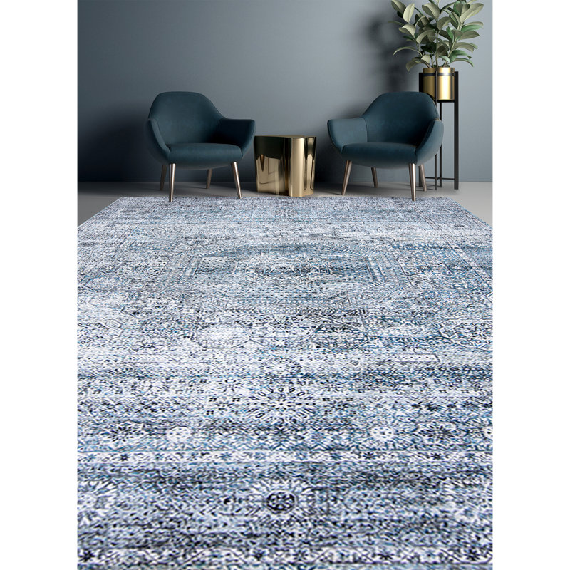 Tapis gris et bleu noué à la main de haute qualité, Rectangle 6 pi x 9 pi