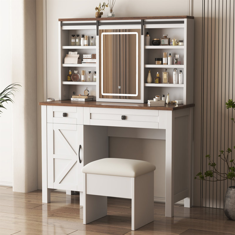 Charming Farmhouse Vanity Desk With Sliding Mirror And Ample Storage