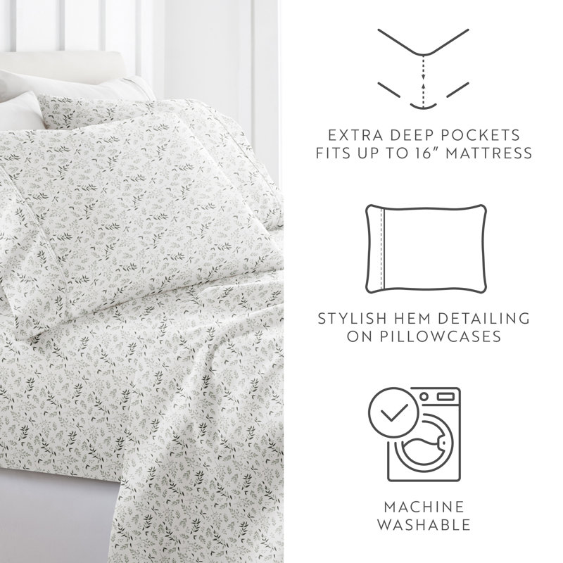 4 Piece Sheet Set Patterned Microfiber Ultra Soft Bedding in Floral Dream, Queen, White Green