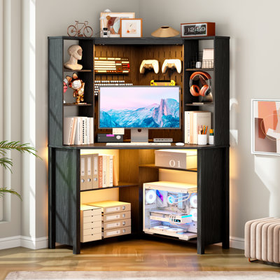 Pentagonal Corner Computer Desk with Charging Station, Adjustable Led Lighting and 9 Layers Open Storage Space
