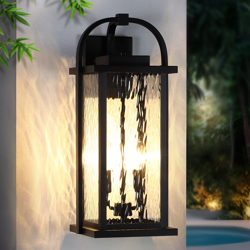 Lanterne murale d'extérieur noir 20 lumières H 20 "avec verre ondulé, résistant aux intempéries