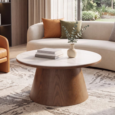 Sintered Stone Coffee Table with Solid Wood Base, Marble-Look Center Table for Living Room