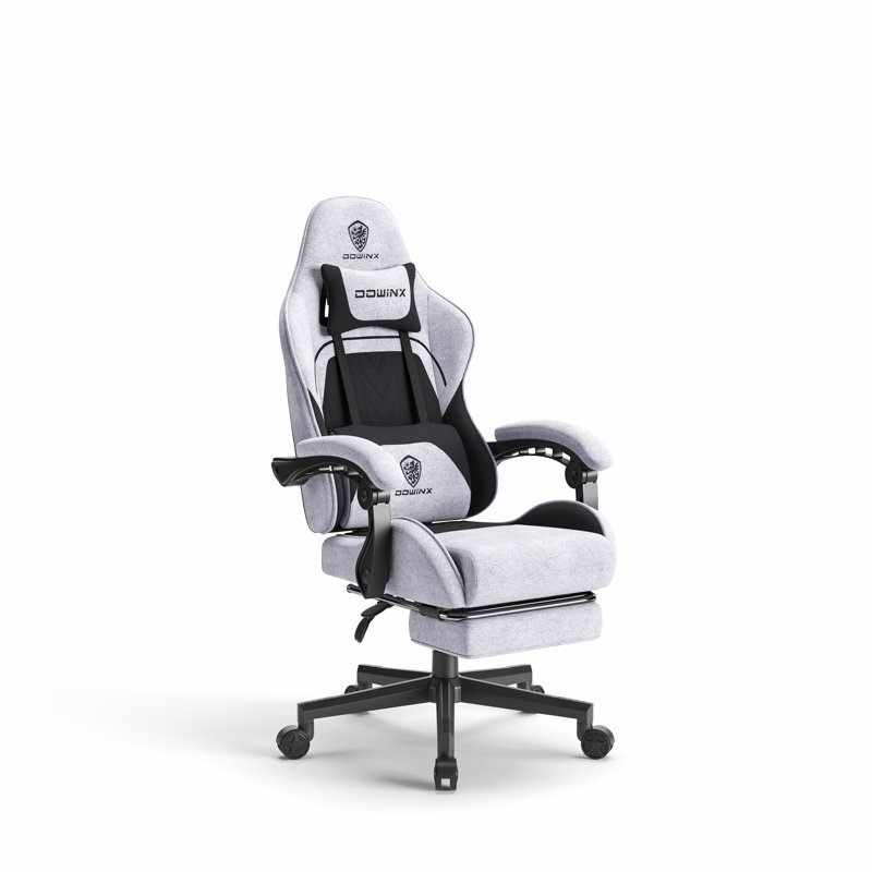 Light Grey Fabric Gaming Chair with Footrest and Massage Support