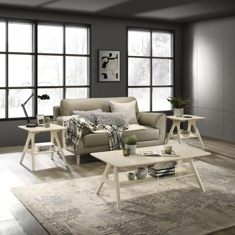 Ensemble de 3 tables basses, tables basses et 2 tables de bout Arona, fini blanc cassé Arona, Off-White