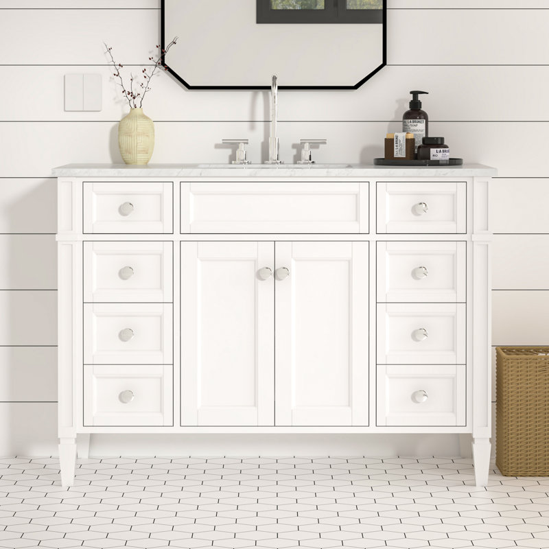 Alexxis 48 in. Single Sink Freestanding Bath Vanity in Matte White with Carrara Marble Top, Matte White