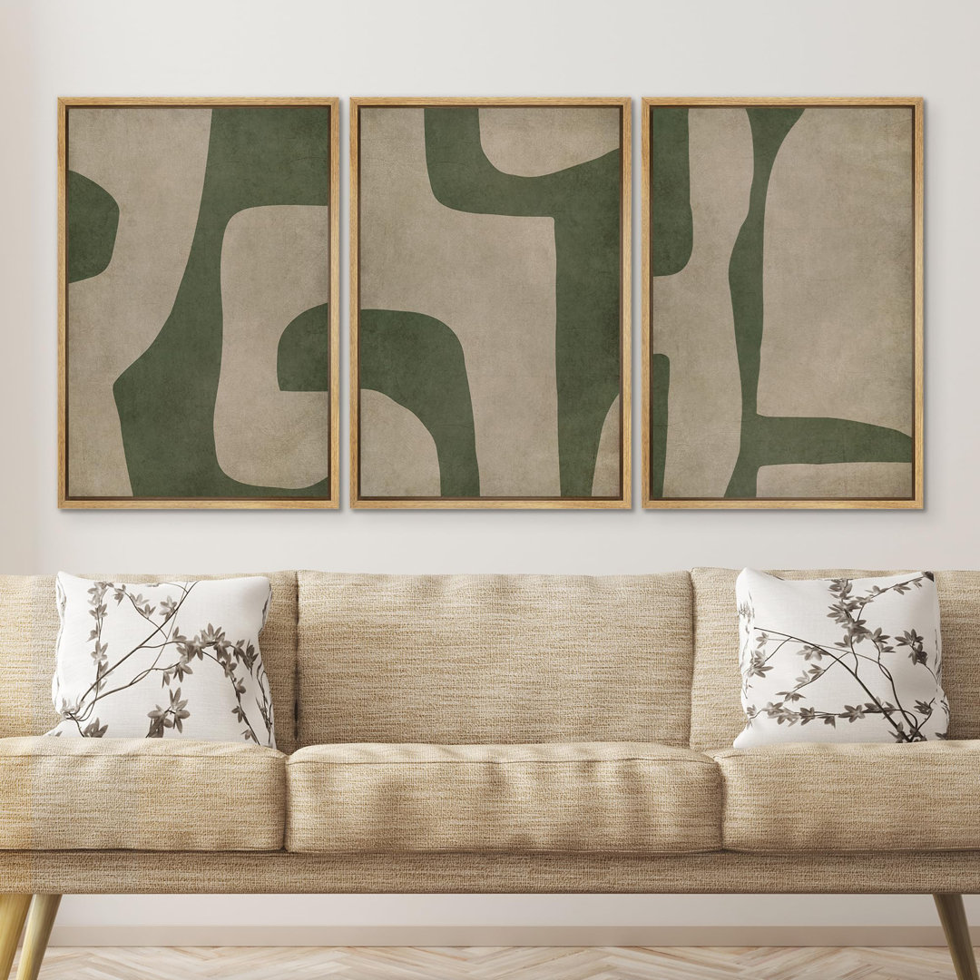 " Abstract Geometric Green And Beige Tones Illustrations Modern Art Decor Boho Relax Zen Nordic " 3 - Pieces wall26 Frame 