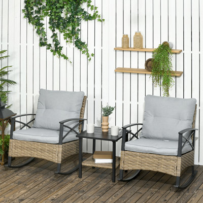 Chaise berçante grise pour patio. 3 pièces avec 2 chaises rembourrées et une table basse pour le jardin, le porche et la table berçante de la cour arrière. Bistro Bistro. Contrôle de la qualité