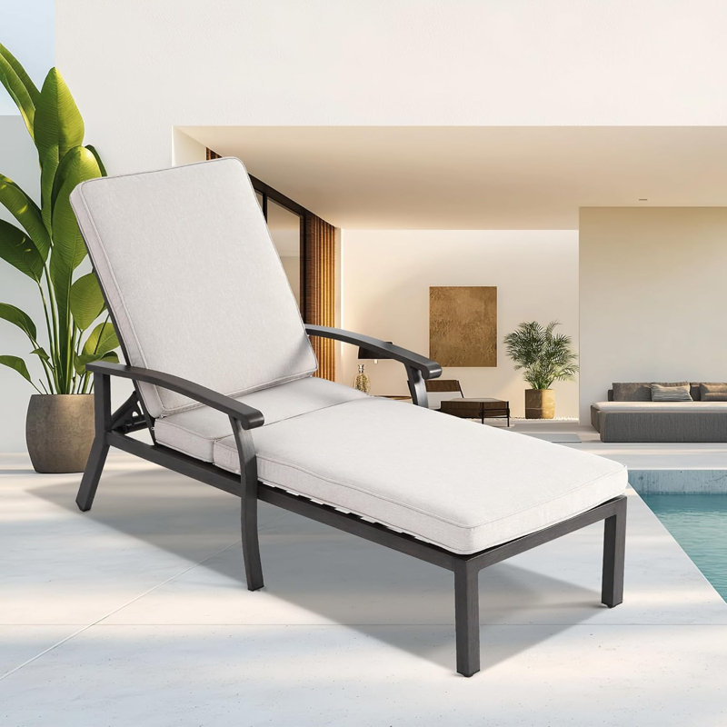 Outdoor Aluminum Chaise Lounge With Cushion, Beige
