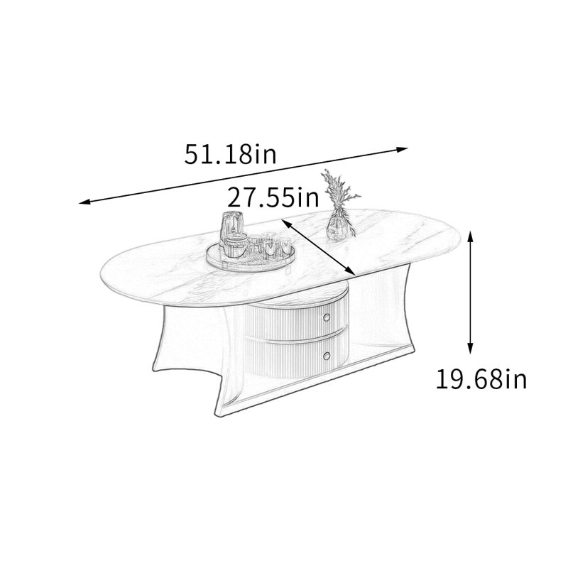 Table basse ovale haut de gamme avec tiroirs, 19.68" H x 27.55" L x 51.18" W, Blanc, Blanc