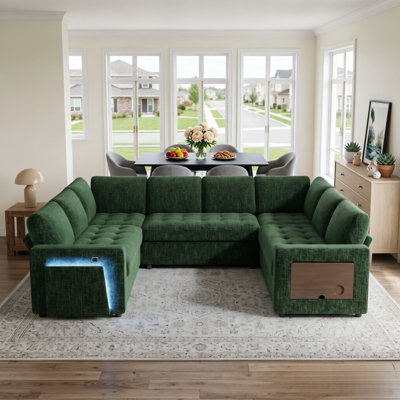 8-Seat U-Shaped Modular Sectional Sleeper Sofa Bed With Pull-Out Bed, Side Table, Hidden Storage, USB Ports & LED, 102" Multi-Functional Chenille Convertible Couch For Living Room & Apartment