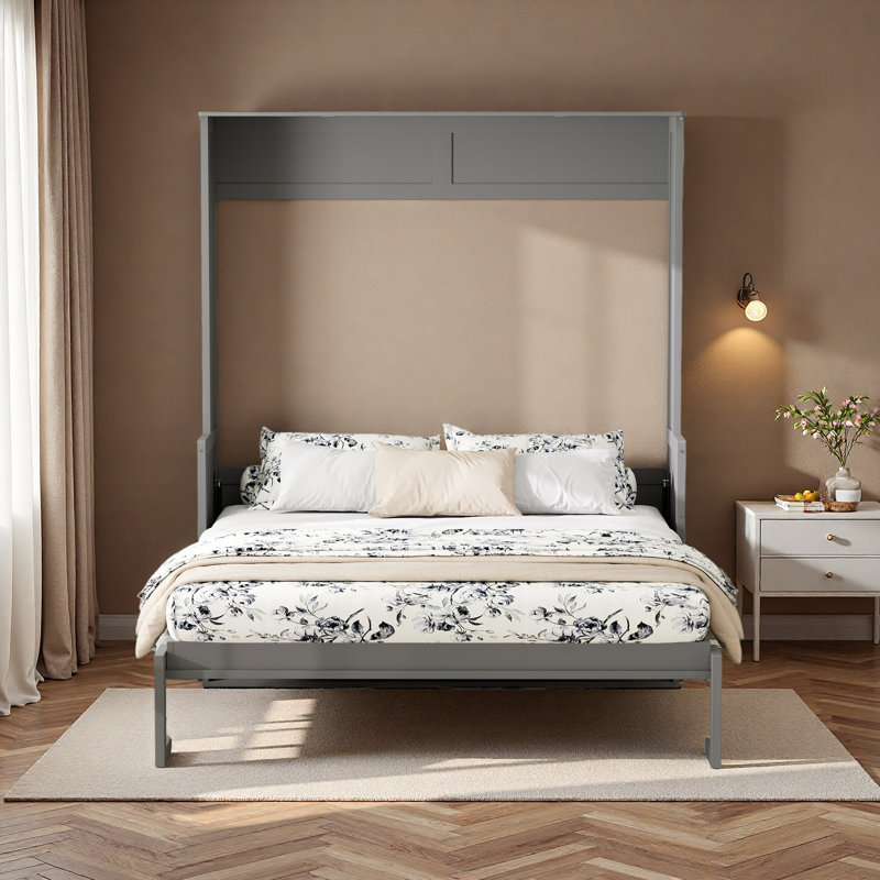 Grand lit escamotable avec bureau, lumières DEL et station de charge USB, Gris