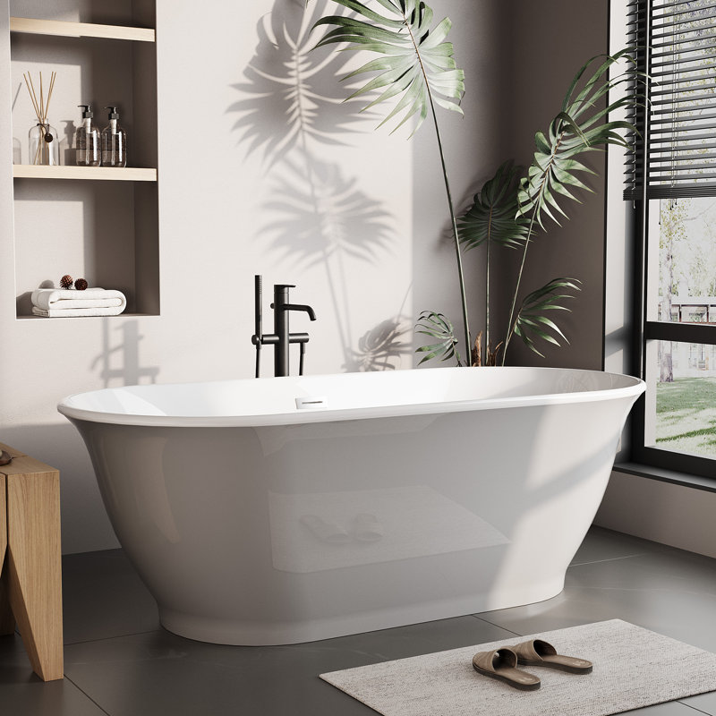 67 Inch Freestanding Acrylic Soaking Tub Stand Alone Bathtub Matte Silver Drain Overflow Contemporary, Ice Gray