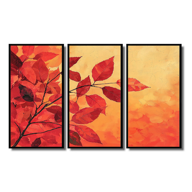 Automne, coucher de soleil et feuille d'érable III - art mural feuilles - ensemble de 3, H 28 po x l 36 po, Noir
