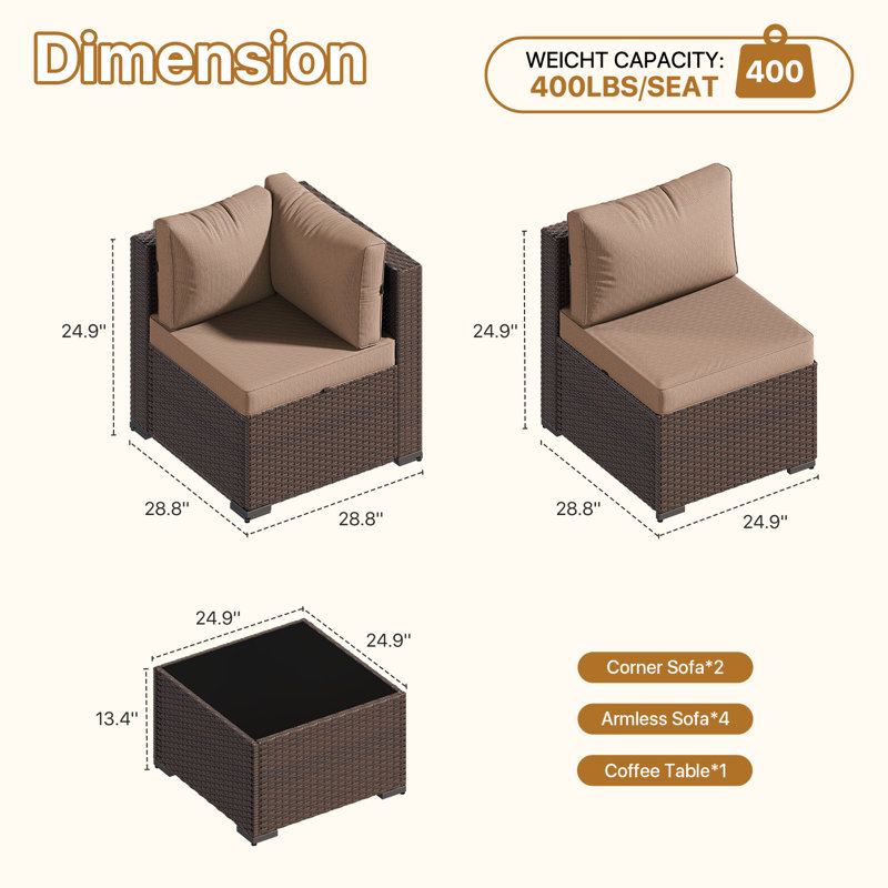 Ensemble de conversation 7 pièces pour 6 personnes , Beige, Brun