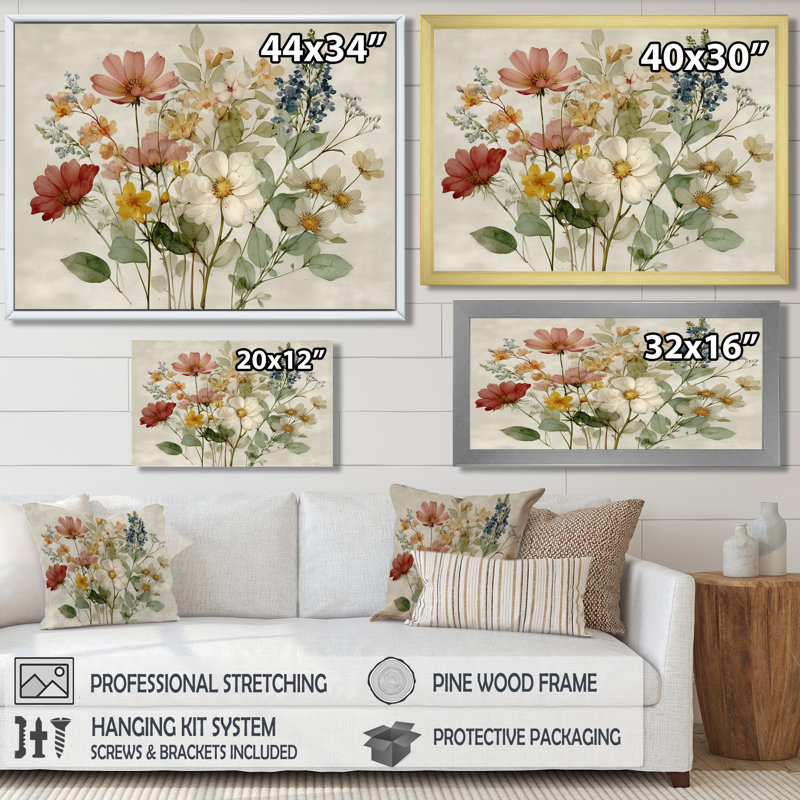 Bouquet de fleurs de campagne rétro - décoration murale, fleurs vertes encadrées, H 34 po x l 44 po, Toile tendue