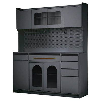 Modern 83.7Inch High Kitchen Pantry,Cupboard Cabinet Black Buffet With 5 Storage Drawers And Adjustable Shelf, Set Of 2,Black